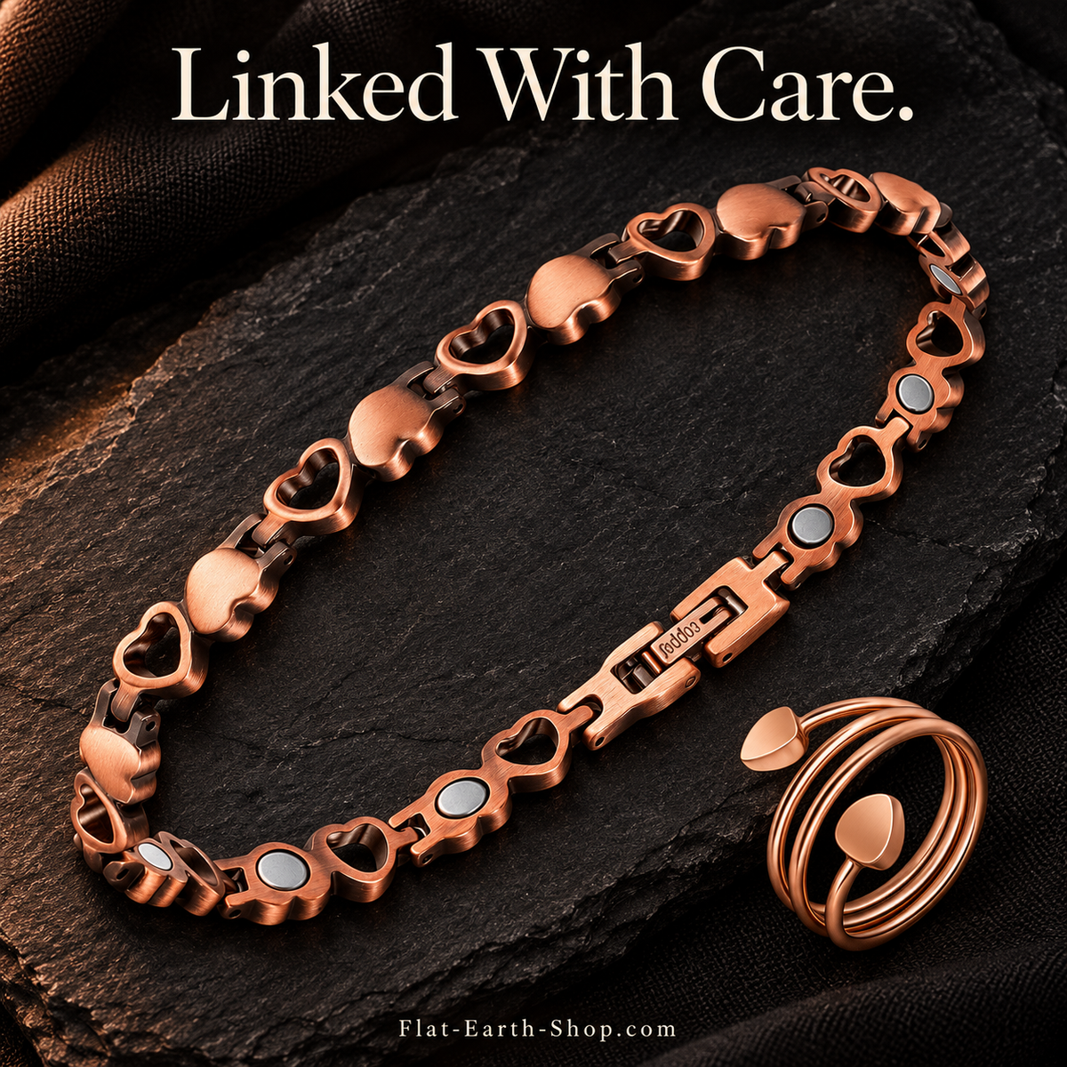 Pure Copper Magnetic Heart Anklet — second view with a dark backdrop.