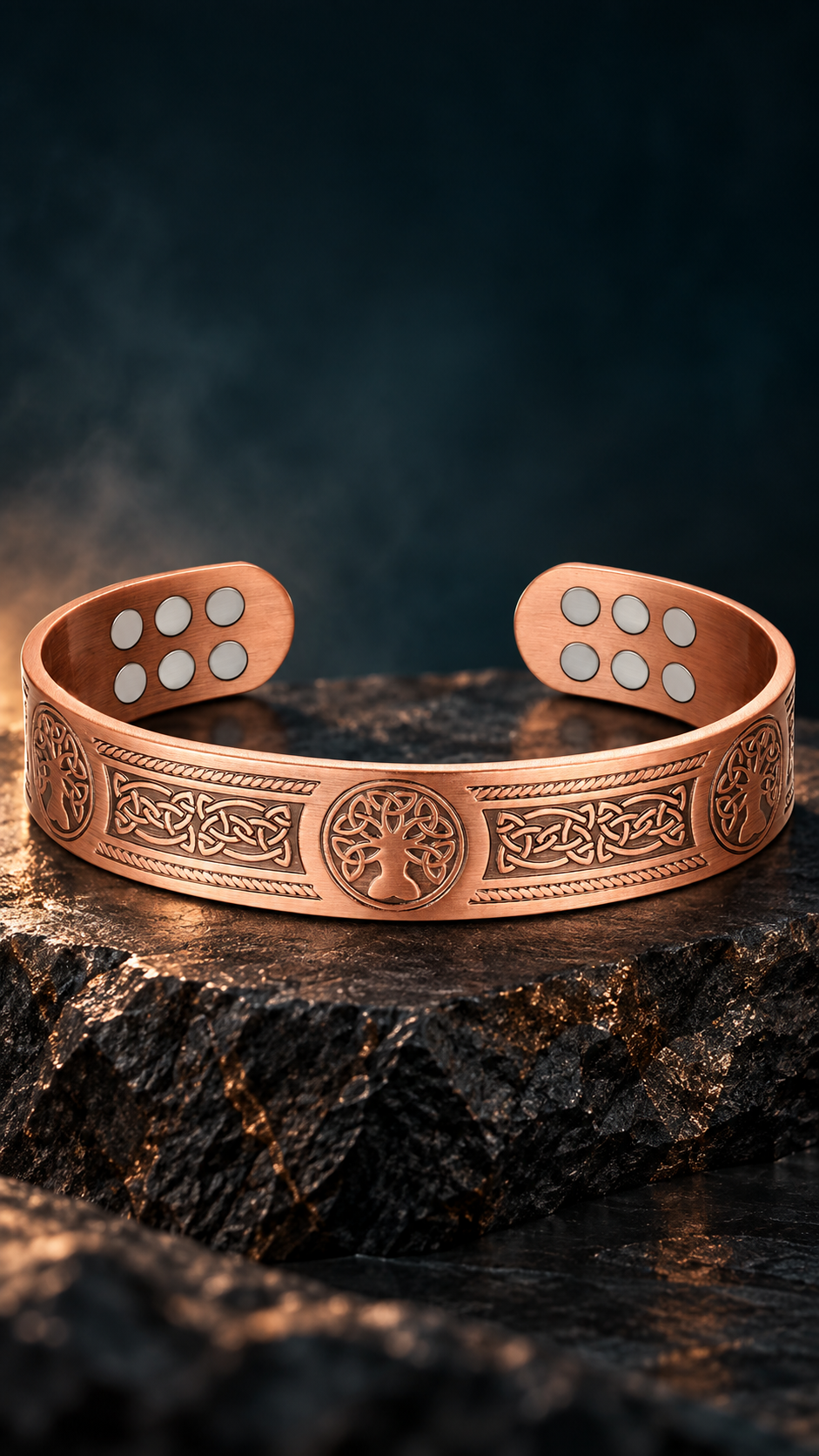 Engraved copper Tree of Life cuff on a dark stone display
