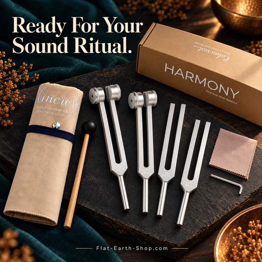 128–384Hz Tuning Fork Set — Weighted & Unweighted with Mallet & Bag — complementary dark product view