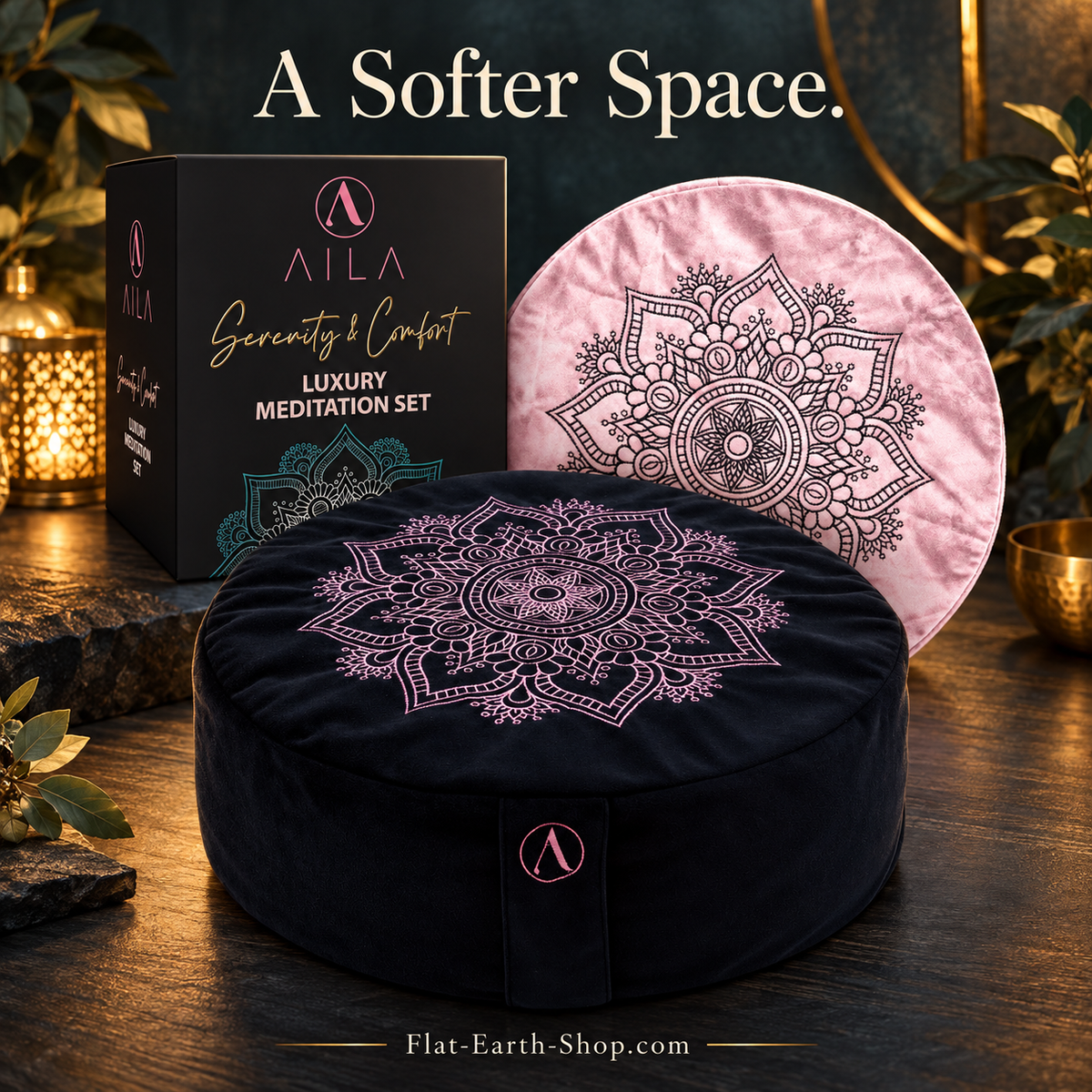 Aila Premium Meditation Cushion — Ergonomic Zafu for Elevated Practice — dark studio product view