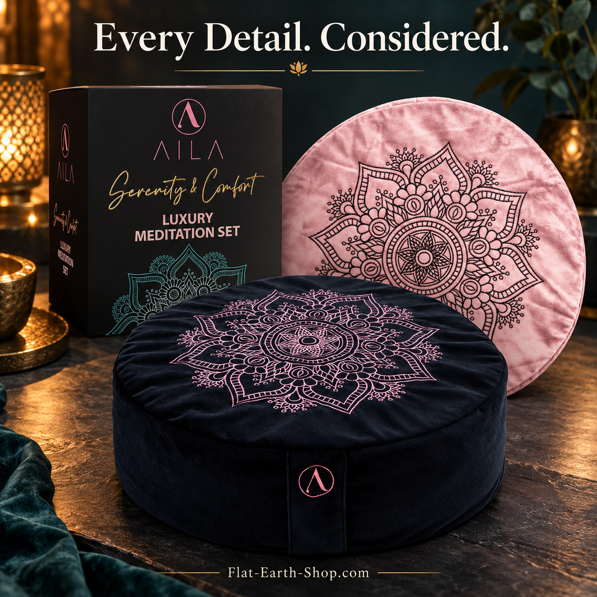Aila Premium Meditation Cushion — Ergonomic Zafu for Elevated Practice — complementary dark product view