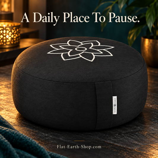Mindful & Modern Large Meditation Cushion — Crescent Zafu with Buckwheat Fill — complementary dark product view