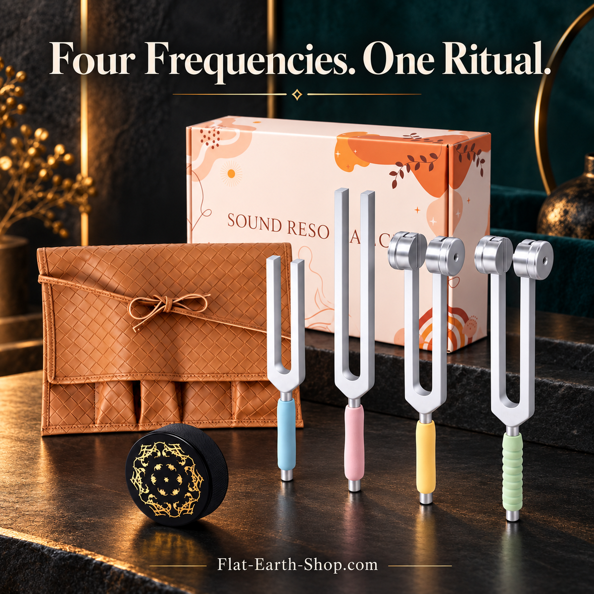 128Hz, 136.1Hz, 174Hz & 528Hz Tuning Fork Set — Activator & Pouch — complementary dark product view