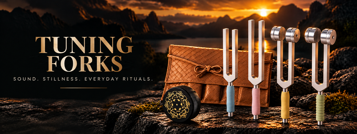 Tuning Forks — Sound. Stillness. Everyday rituals. Silver tuning forks, a tan pouch and an activator on dark stone.