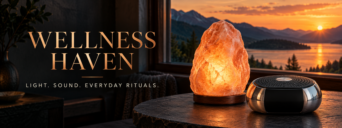 Wellness Haven — Light. Sound. Everyday rituals. A warm salt lamp and meditation sound machine in a room overlooking a lake at sunset.