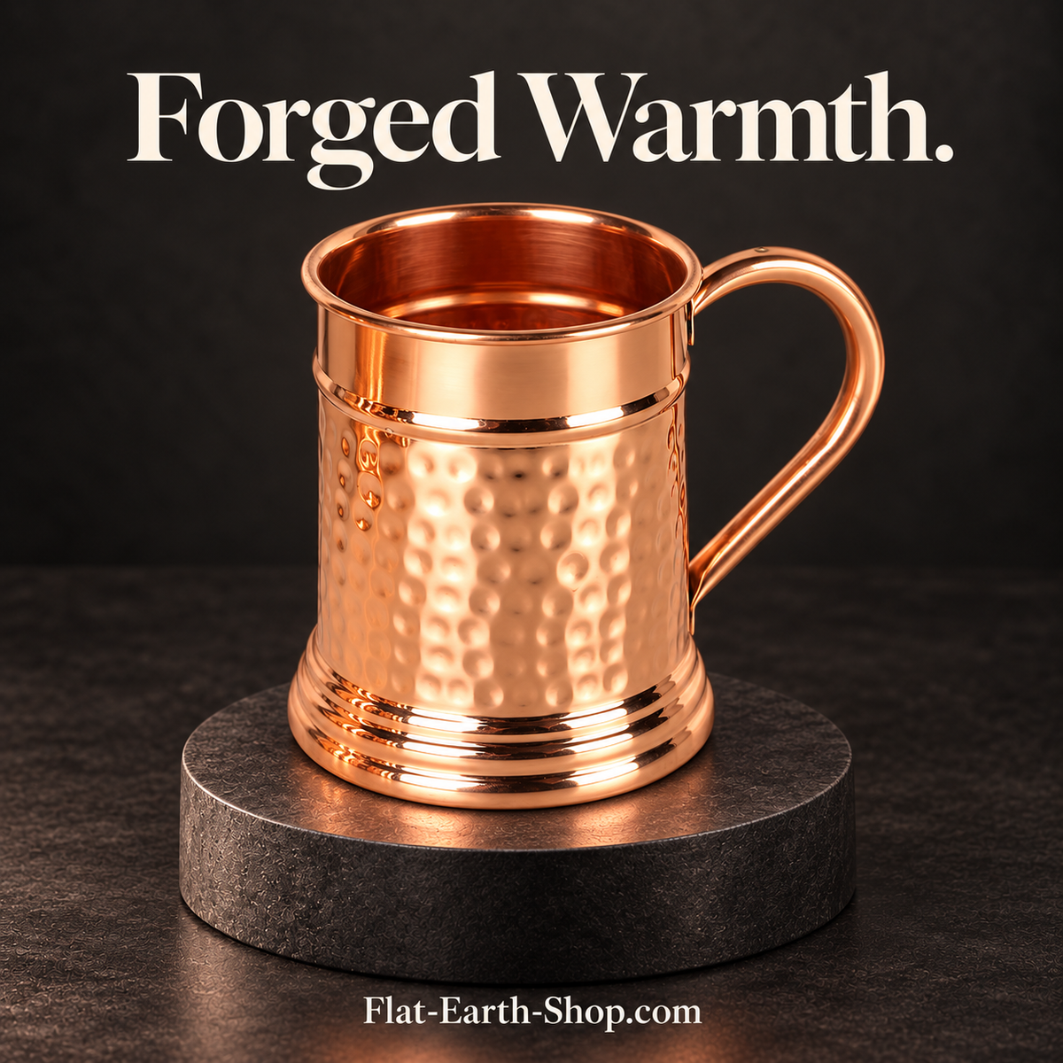 Hammered copper tankard with curved handle in a dark studio scene