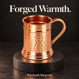 Hammered copper tankard with curved handle in a dark studio scene