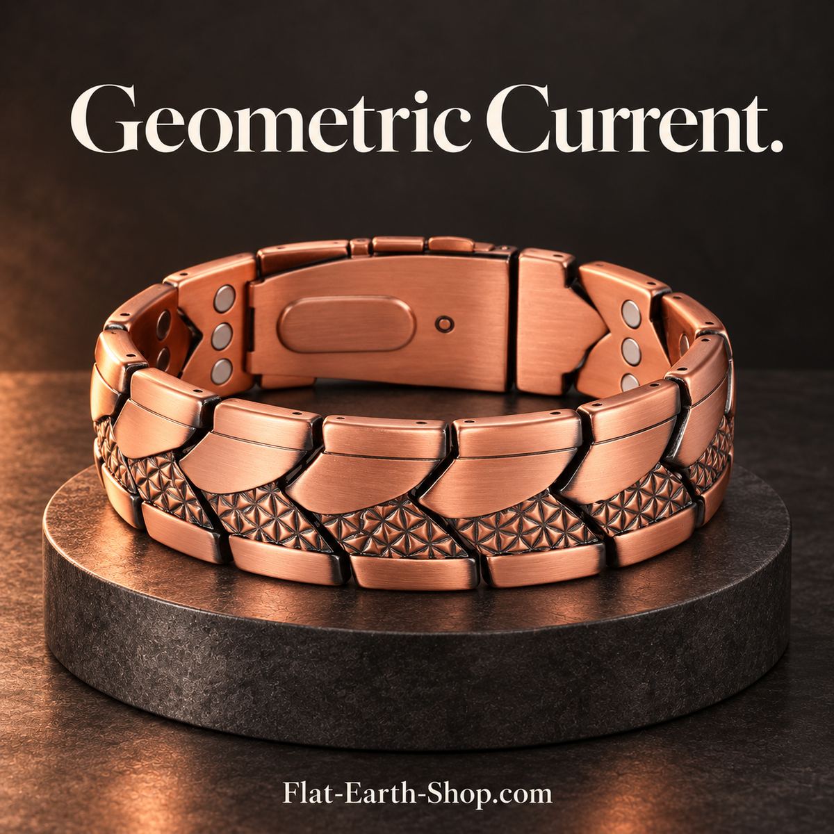 geometric current copper product on a dark studio background