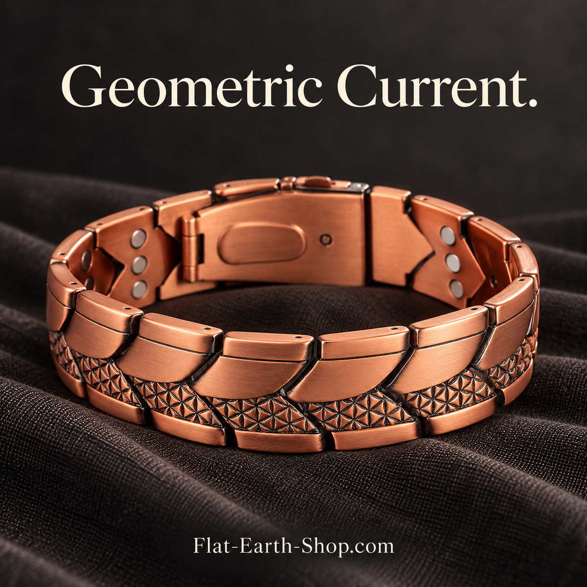 geometric current copper product on a dark studio background