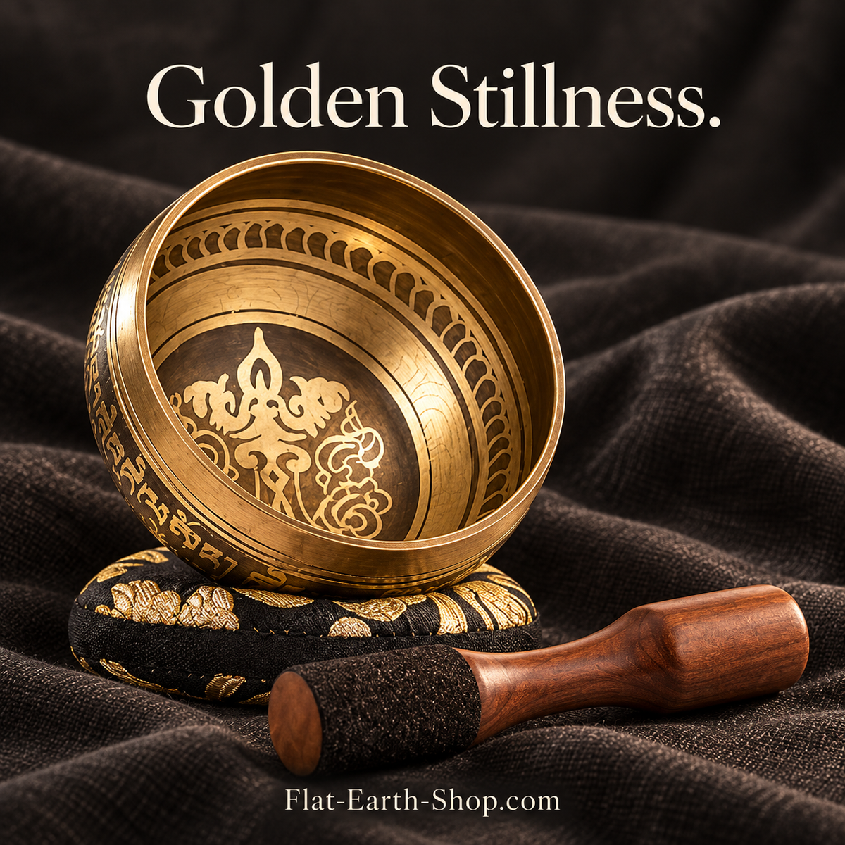 golden stillness singing bowl set in dark studio