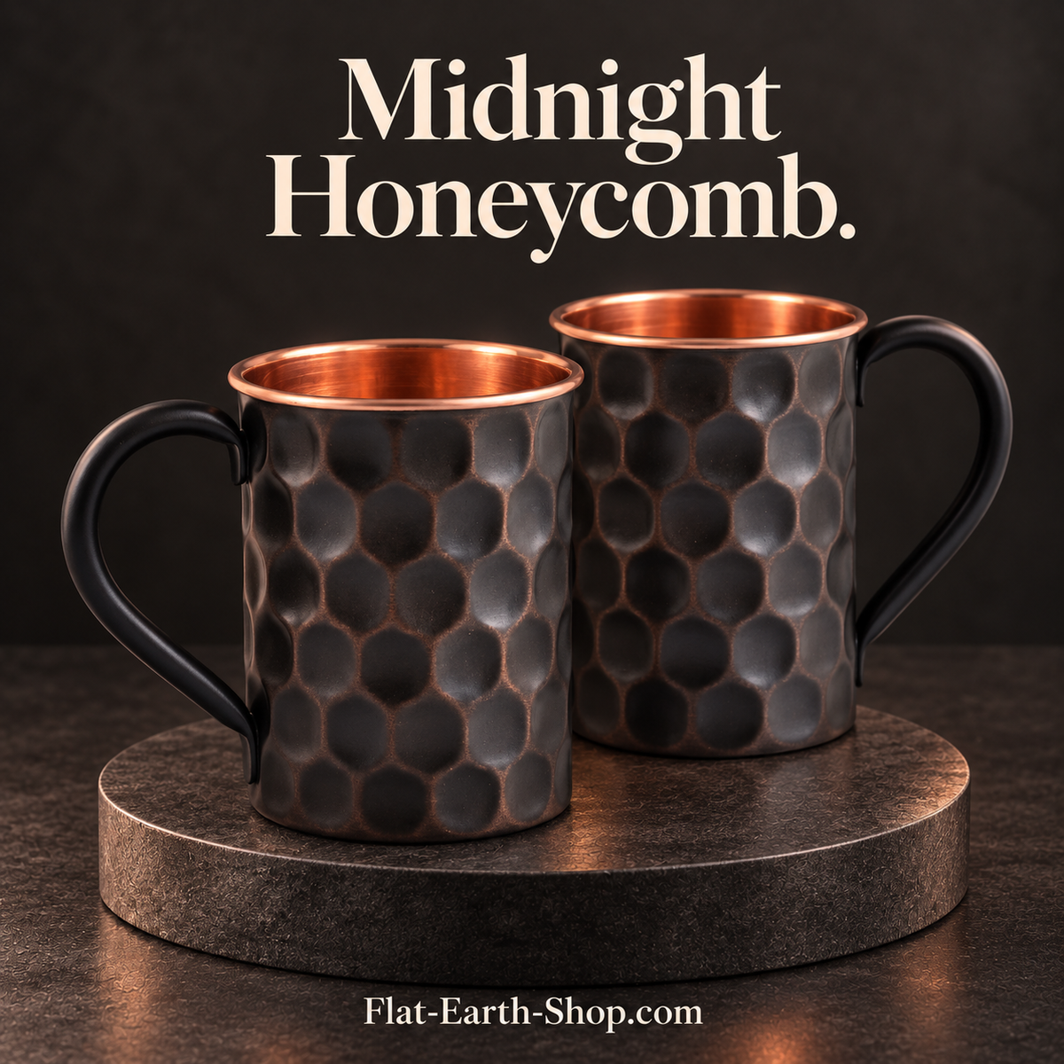 midnight honeycomb copper drinkware in a dark studio scene