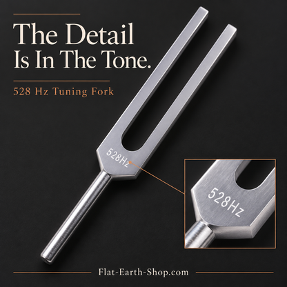Silver-colored tuning fork angled on a dark background, with an enlarged inset showing its 528 Hz marking.