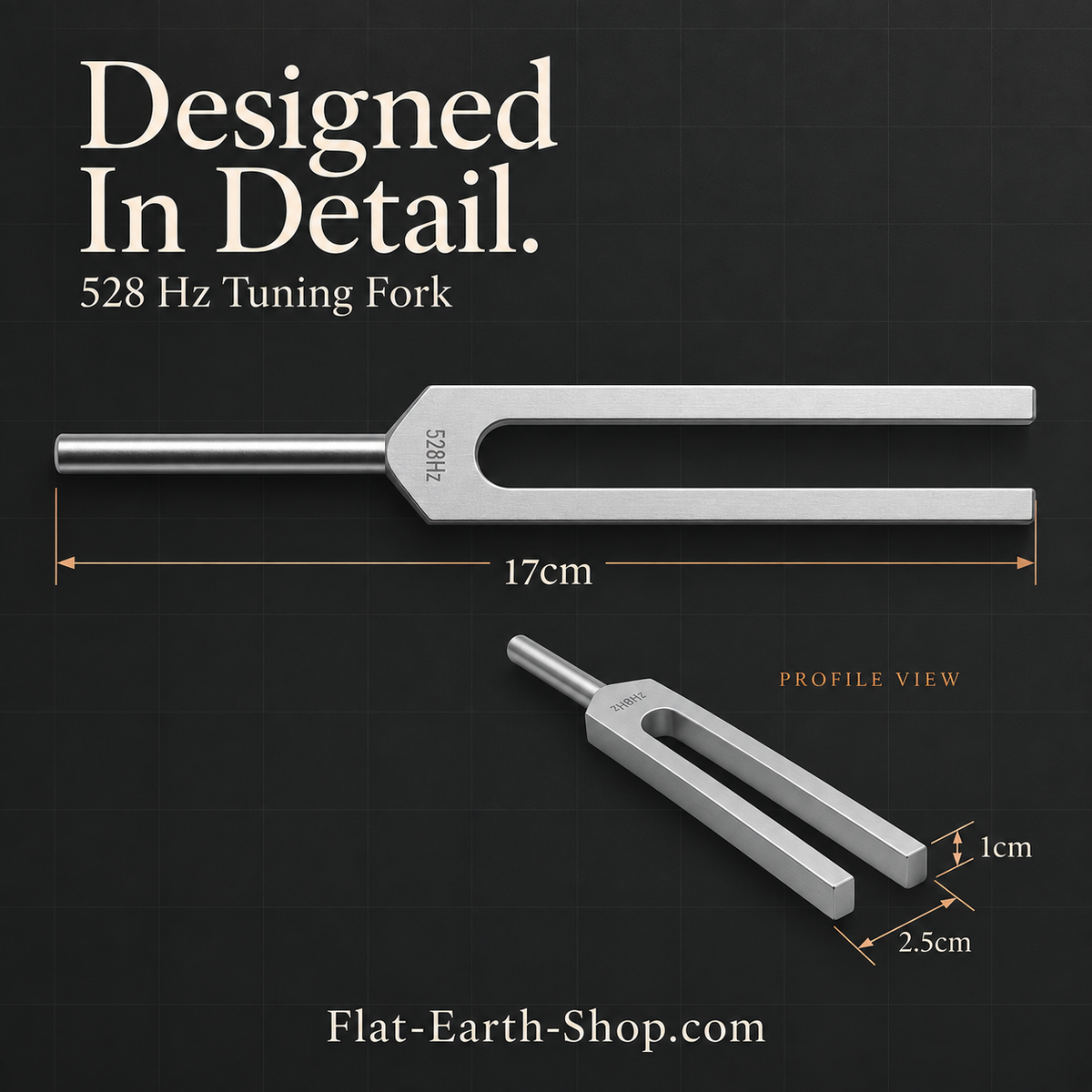 Front and angled views of a silver-colored tuning fork labeled 528 Hz, 17 cm long, 2.5 cm wide, and 1 cm thick.