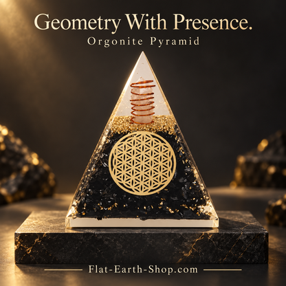 Front view of a black and gold pyramid with a circular geometric emblem on a dark plinth.