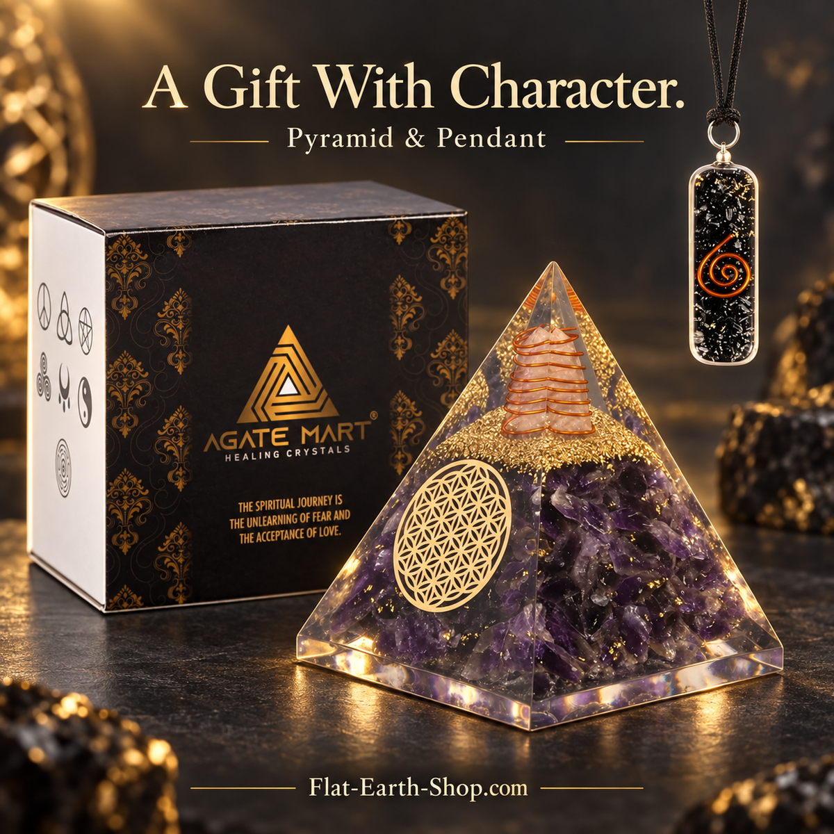 Purple and gold pyramid with a circular geometric emblem, rectangular pendant and patterned box.