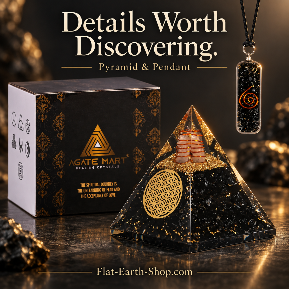 Black and gold pyramid with a circular geometric emblem, rectangular pendant and patterned box.