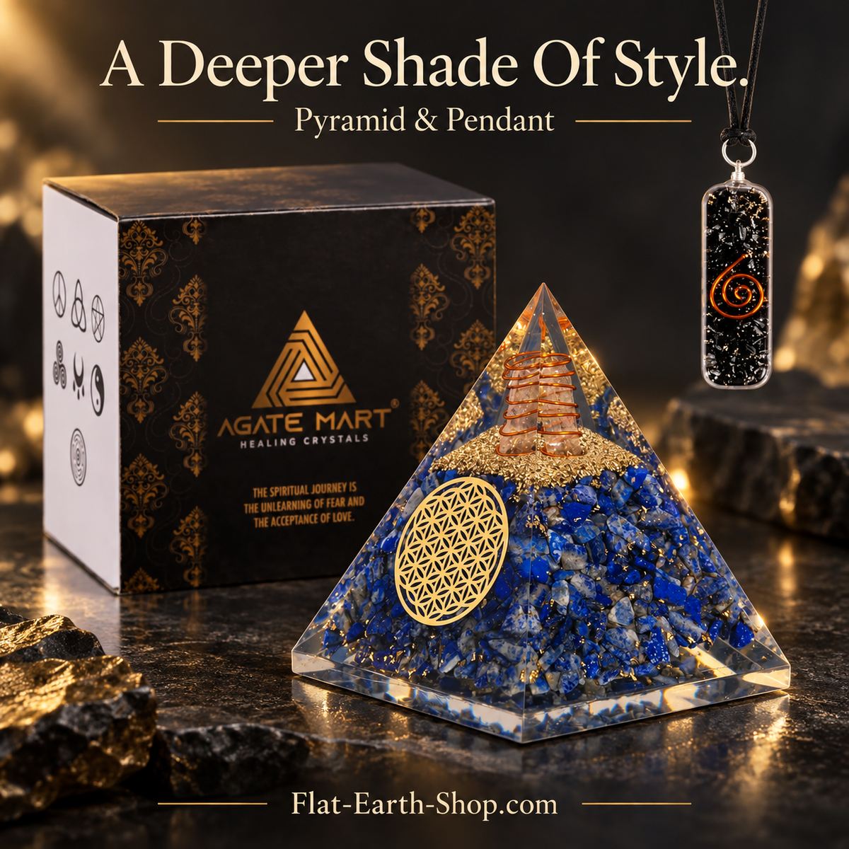 Blue and gold pyramid with a circular geometric emblem, rectangular pendant and patterned box.