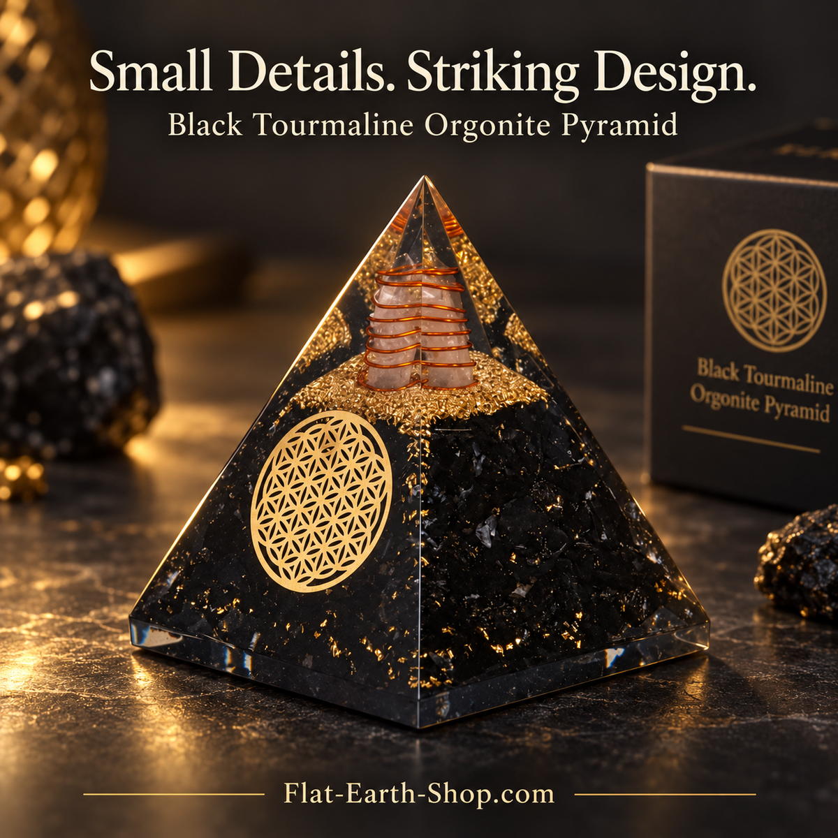 Black and gold pyramid with a circular geometric emblem, shown beside matching dark packaging.