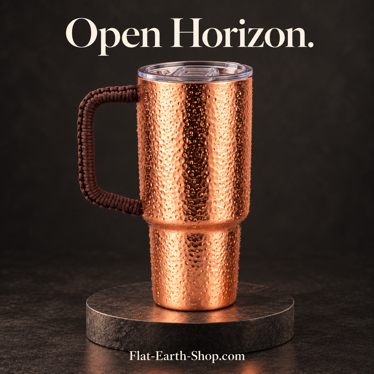 open horizon copper drinkware in a dark studio scene