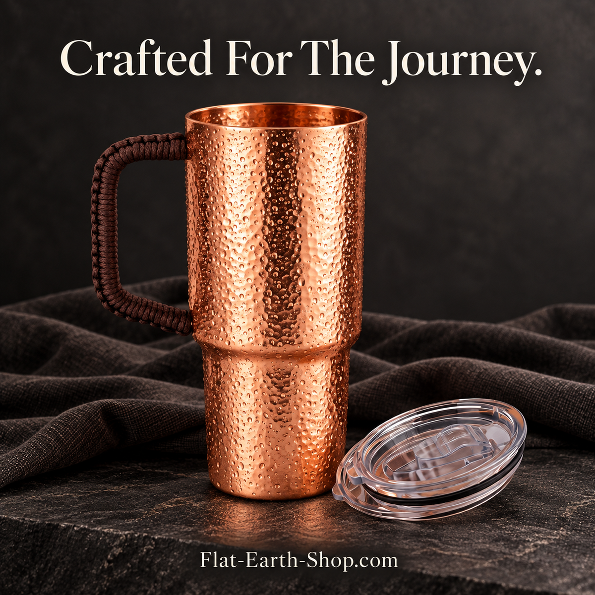 open horizon copper drinkware in a dark studio scene