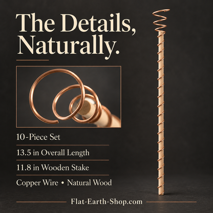 Upright copper-colored wire-wrapped wooden stake with an inset coil close-up and labels for 13.5-inch overall and 11.8-inch wooden lengths.