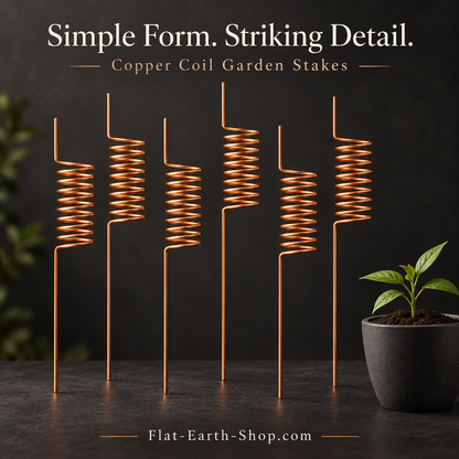 Six copper-colored garden stakes with cylindrical coils displayed upright beside a small potted plant.