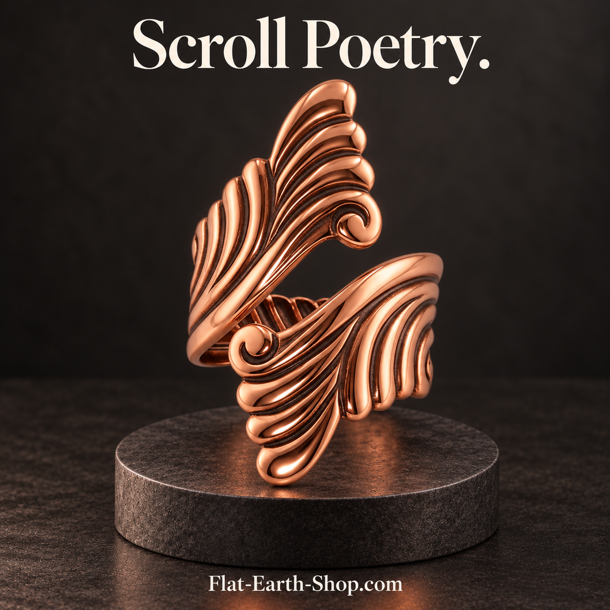 scroll poetry copper ring design in a dark studio setting