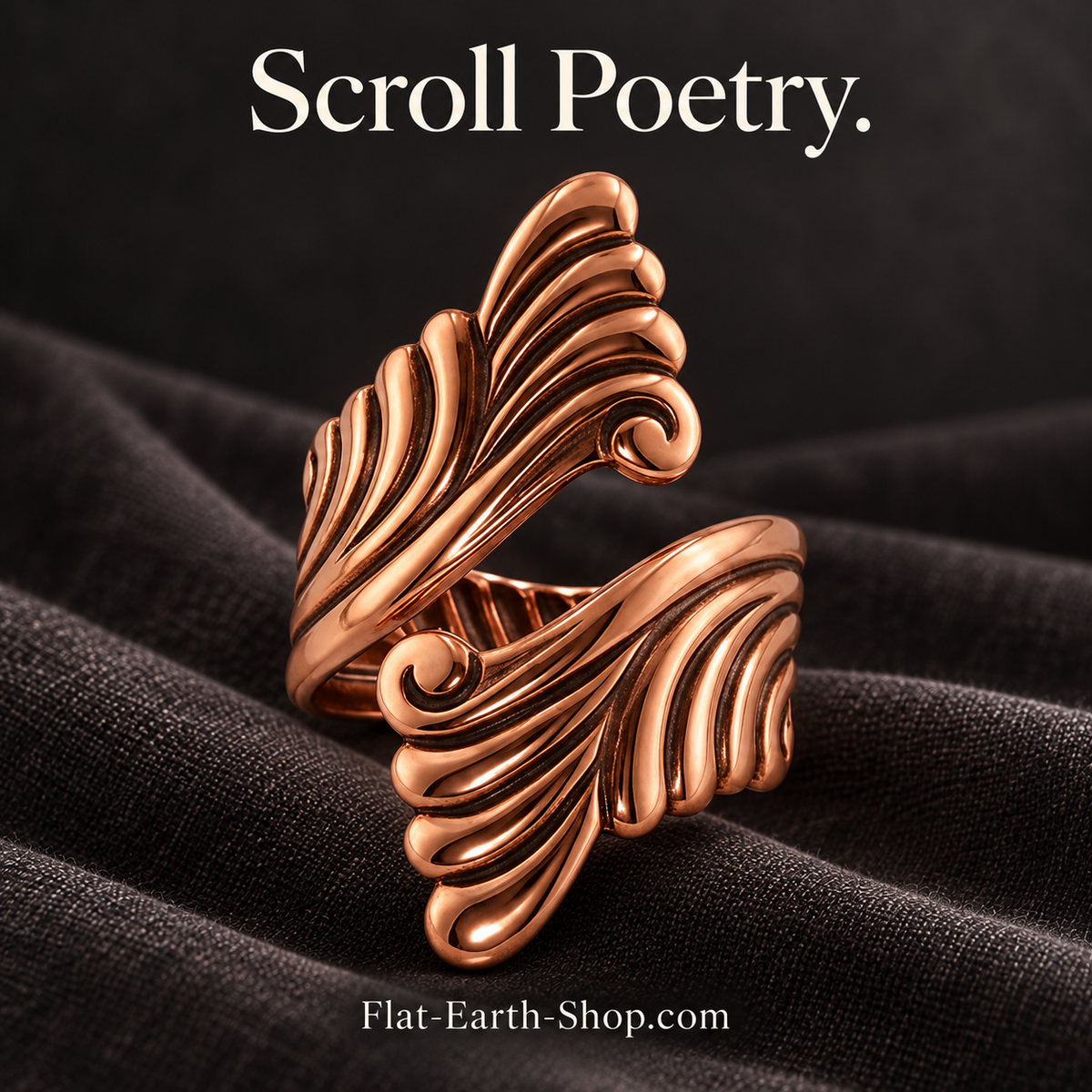 scroll poetry copper ring design in a dark studio setting