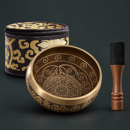 Handmade Tibetan Singing Bowl Set — Etched Design with Case