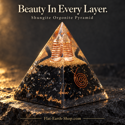 Angled view of a clear pyramid with black fragments, gold-colored flecks, a wire-wrapped clear point, and a copper-colored spiral.