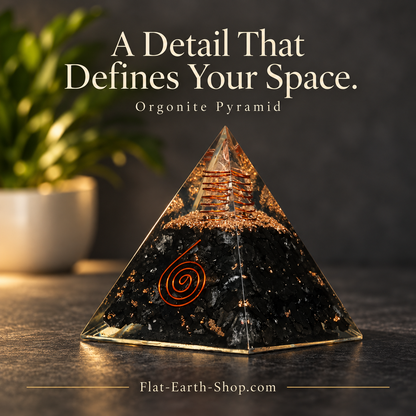 Clear pyramid containing black fragments, gold-colored flecks, copper-colored coils, and a spiral, with a plant behind it.