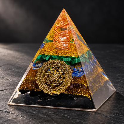 Tourmaline Orgonite Pyramid — Geometric Intention on a dark slate tabletop