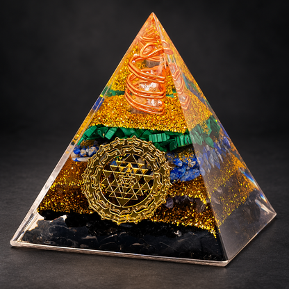 Tourmaline Orgonite Pyramid — Geometric Intention on a dark charcoal studio background