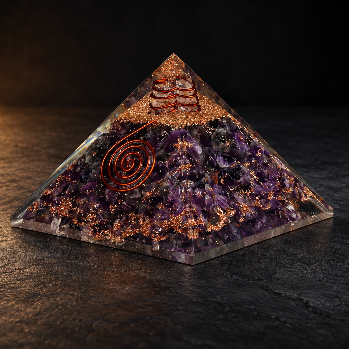 Amethyst Orgonite Pyramid — Violet Stillness | 75 mm Base on a dark slate tabletop