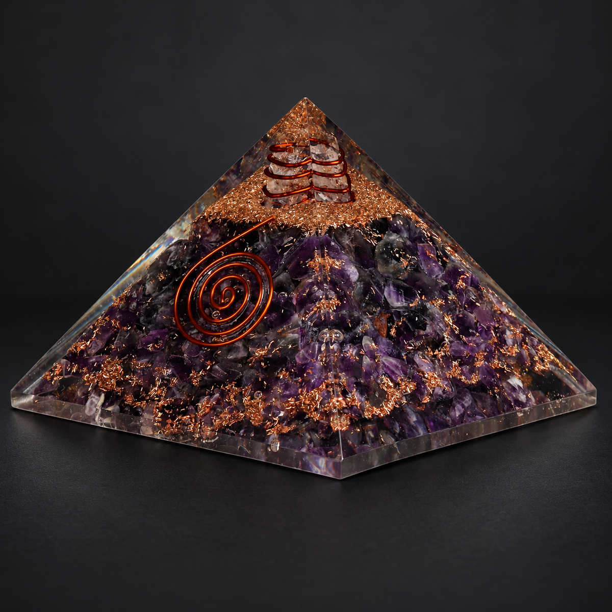 Amethyst Orgonite Pyramid — Violet Stillness | 75 mm Base on a dark charcoal studio background