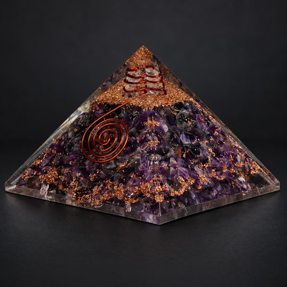 Amethyst Orgonite Pyramid — Violet Stillness | 75 mm Base on a dark charcoal studio background