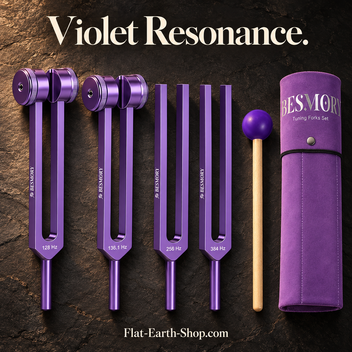 violet resonance tuning fork set in a dark studio setting