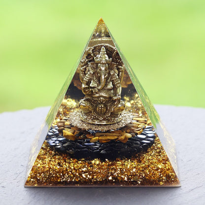 Tiger's Eye Orgonite Pyramid with Ganesh - 10cm Tibetan Buddhist Energy Generator for Protection and Good Fortune