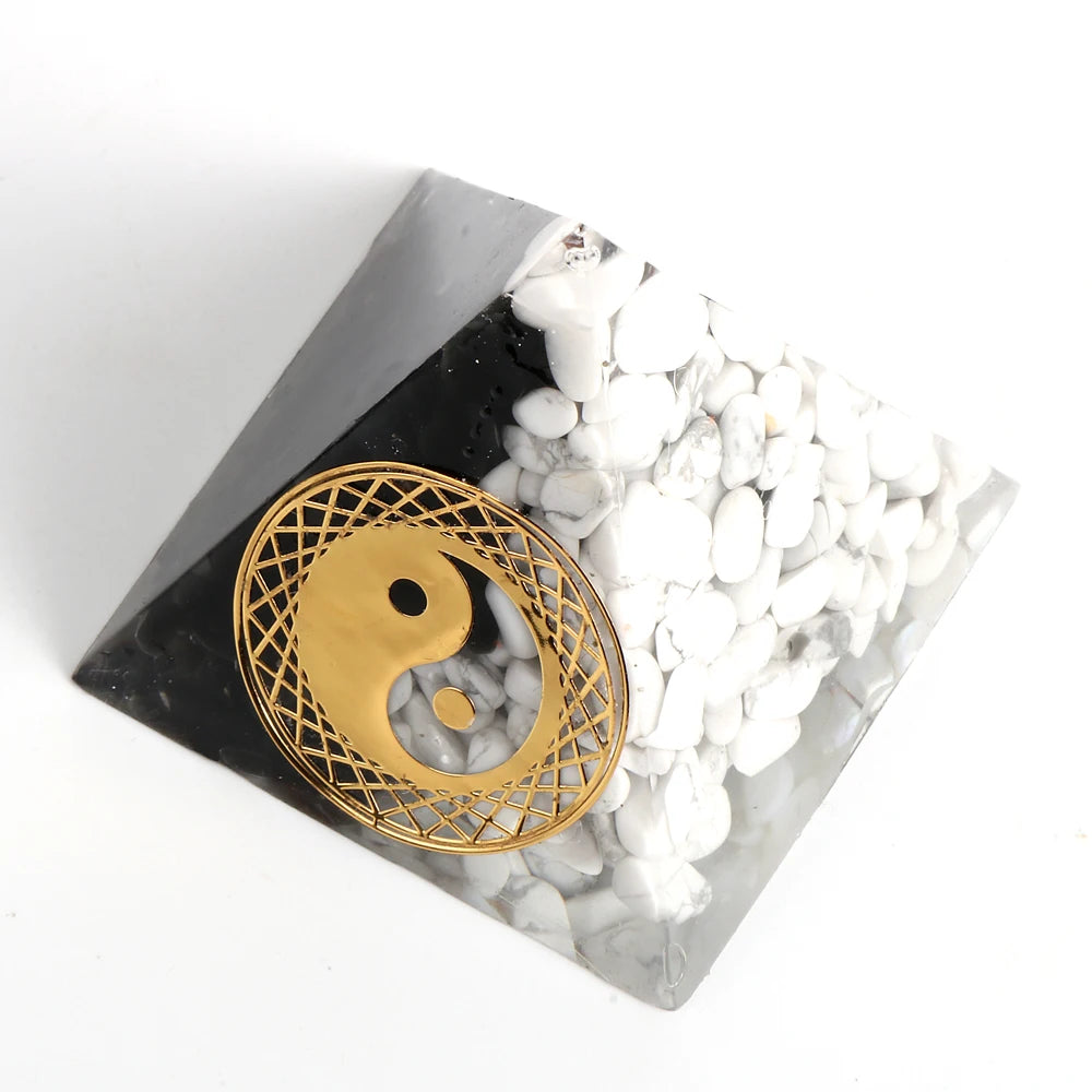 Natural White Turquoises Obsidian Orgonite Pyramid Tai Chi Yin and Yang Energy