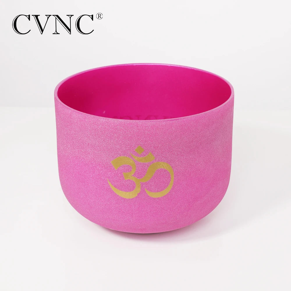 8 Inch Pink Frosted Quartz Crystal Singing Bowl - Crown Chakra B Note with OM Design