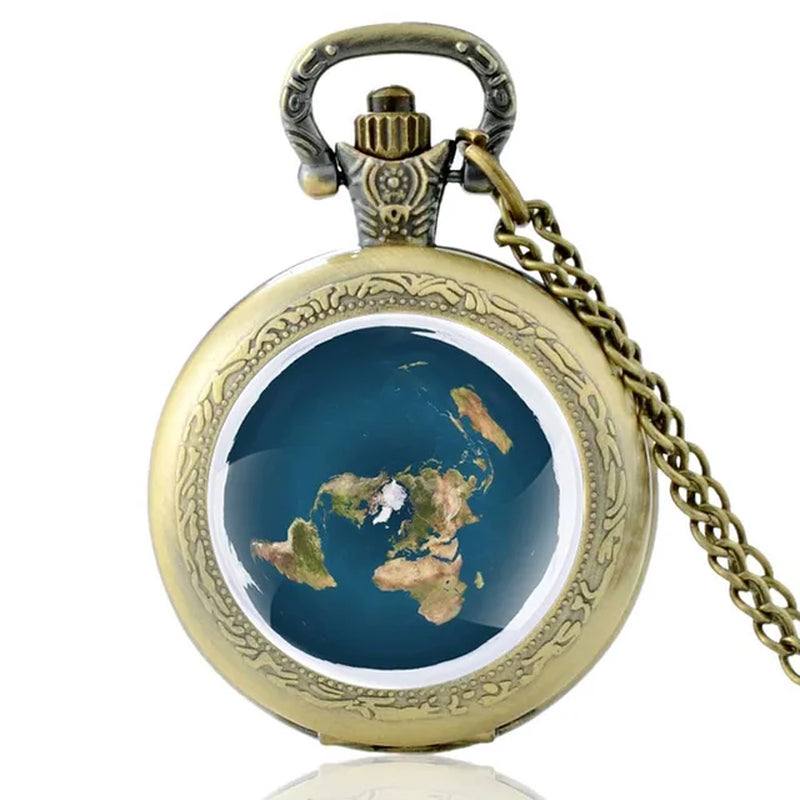 Unique the Earth Is Flat Bronze Vintage Quartz Pocket Watch Men Women Pendant Necklace Hours Clock Gifts