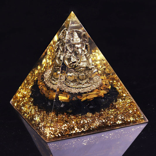 Tiger's Eye Orgonite Pyramid with Ganesh - 10cm Tibetan Buddhist Energy Generator for Protection and Good Fortune