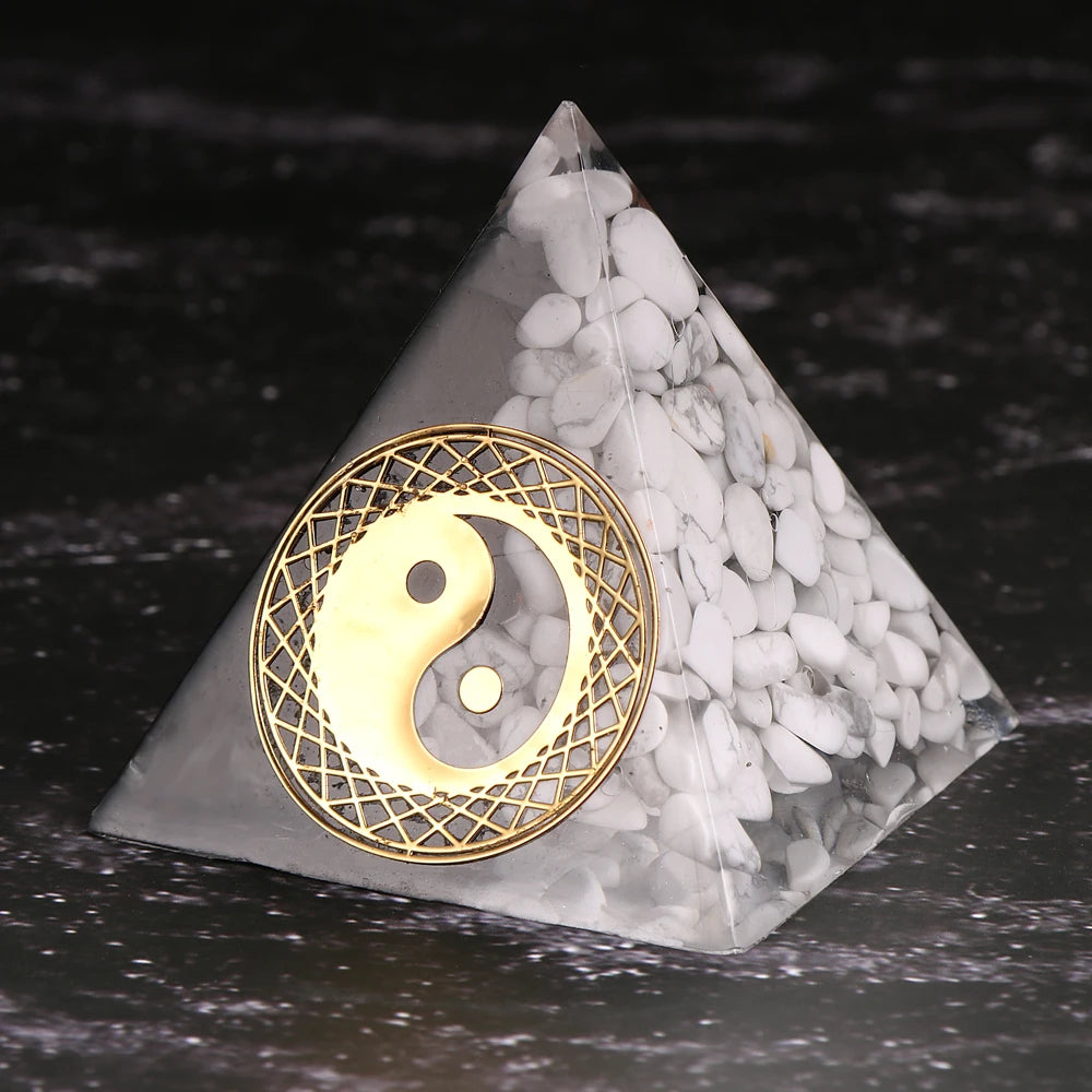 Natural White Turquoises Obsidian Orgonite Pyramid Tai Chi Yin and Yang Energy