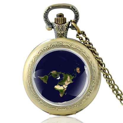 Unique the Earth Is Flat Bronze Vintage Quartz Pocket Watch Men Women Pendant Necklace Hours Clock Gifts