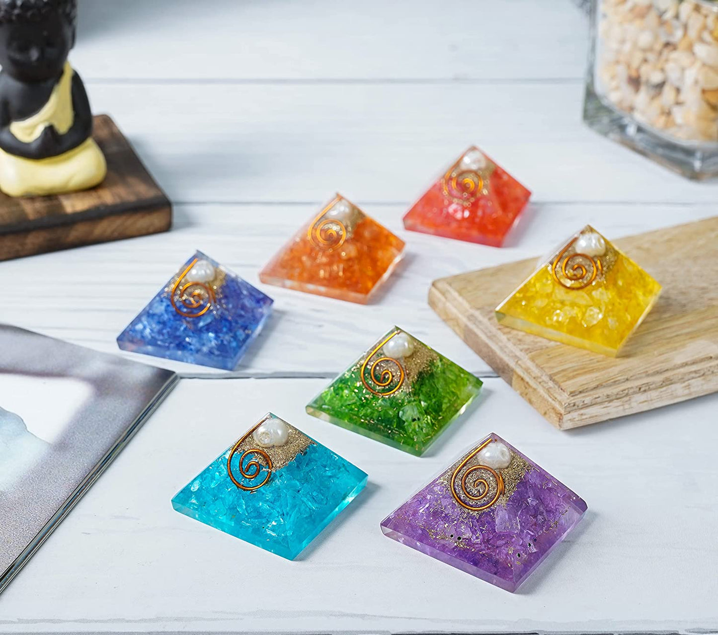 Chakra Balancing Orgonite Pyramid Set - Handcrafted Healing Gemstone Array