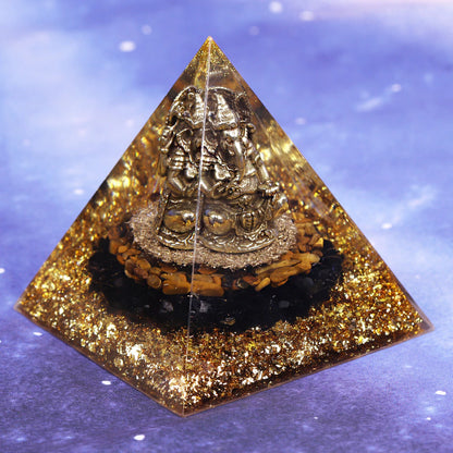 Tiger's Eye Orgonite Pyramid with Ganesh - 10cm Tibetan Buddhist Energy Generator for Protection and Good Fortune