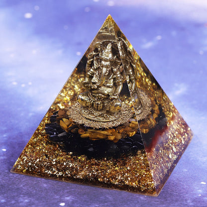 Tiger's Eye Orgonite Pyramid with Ganesh - 10cm Tibetan Buddhist Energy Generator for Protection and Good Fortune