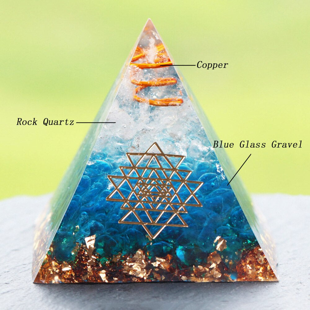 Energy Orgonite Pyramid Blue Glass Gravel Healing Crystals Reiki Chakra Orgone Multiplier Pyramids Fengshui Home Decor