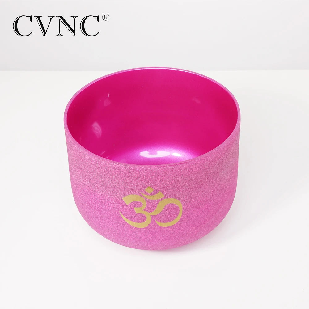 8 Inch Pink Frosted Quartz Crystal Singing Bowl - Crown Chakra B Note with OM Design