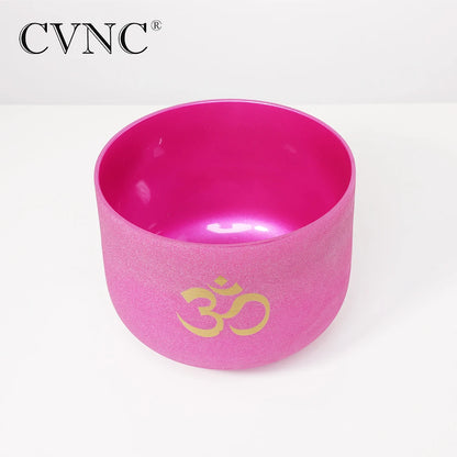 8 Inch Pink Frosted Quartz Crystal Singing Bowl - Crown Chakra B Note with OM Design